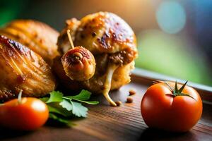 pollo con vegetales y Tomates en un de madera mesa. generado por ai foto