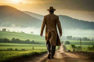 a man in a trench coat walks down a dirt road. AI-Generated photo