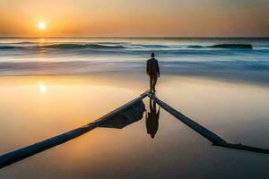 un hombre soportes en un playa a puesta de sol. generado por ai foto