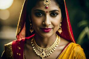 a beautiful indian woman wearing a traditional bridal outfit. AI-Generated photo