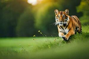 a tiger walking through a grassy field. AI-Generated photo