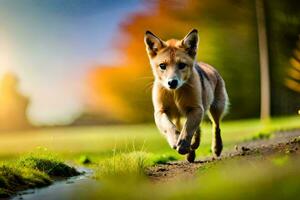 un perro corriendo en un camino en el césped. generado por ai foto