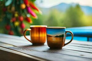 dos café tazas en un de madera mesa con montañas en el antecedentes. generado por ai foto
