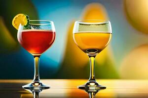 two glasses of different colored drinks on a table. AI-Generated photo