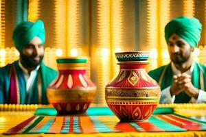 two men in green turbans sitting at a table with colorful vases. AI-Generated photo