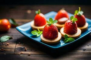 strawberries on a blue plate. AI-Generated photo