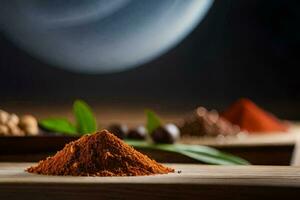 spices on a wooden table with a moon in the background. AI-Generated photo