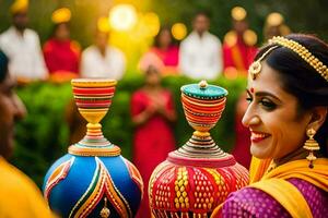 un mujer en tradicional indio vestir participación un maceta. generado por ai foto