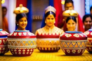 a group of women in traditional indian clothing are sitting around a table with colorful pots. AI-Generated photo