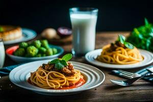 spaghetti with meatballs and broccoli on a wooden table. AI-Generated photo