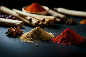 spices and spices on a black background. AI-Generated photo