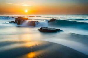 a beautiful sunset over the ocean with waves crashing into rocks. AI-Generated photo