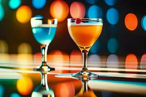 two glasses of cocktails on a table with colorful lights. AI-Generated photo