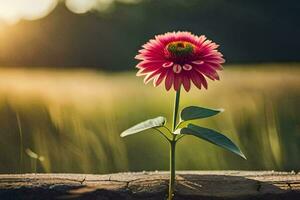 a single pink flower is standing on a wooden log. AI-Generated photo