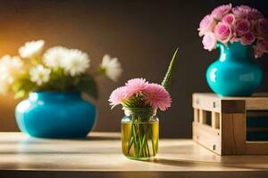 a vase with pink flowers and a wooden crate. AI-Generated photo