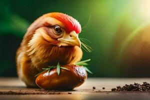 a chicken with a red head and green feathers sits on a piece of food. AI-Generated photo