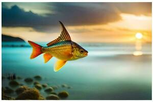 un pescado nadando en el Oceano a puesta de sol. generado por ai foto