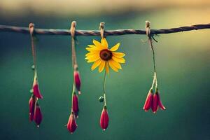a yellow flower hanging from a wire. AI-Generated photo