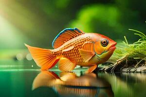 an orange fish is sitting on the water. AI-Generated photo