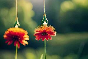 two red flowers hanging from a string. AI-Generated photo