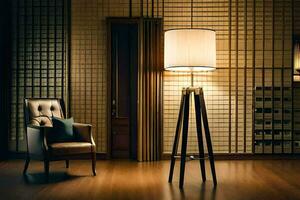 a lamp is sitting on a wooden floor. AI-Generated photo