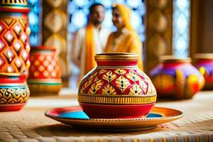 indian wedding decor with colorful vases and plates. AI-Generated photo