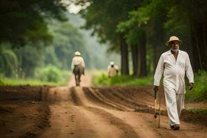 an old man walking down a dirt road with a horse. AI-Generated photo