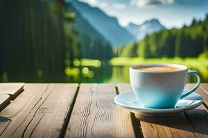 café taza en el mesa en el montañas. generado por ai foto