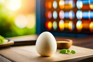 an egg sitting on a cutting board with a knife. AI-Generated photo