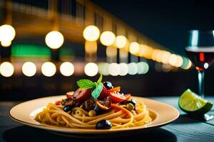 pasta with tomato and olives on a plate with a glass of wine. AI-Generated photo