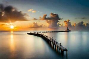 photo wallpaper the sky, clouds, water, dock, lighthouse, sunrise, the ocean, the. AI-Generated