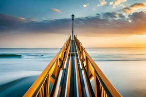 a long exposure photo of a pier at sunset. AI-Generated