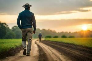 a man walking down a dirt road with a sunset in the background. AI-Generated photo