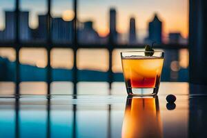 a glass of drink on a table with a city skyline in the background. AI-Generated photo