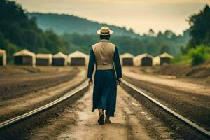 a man in a hat and dress walking on railroad tracks. AI-Generated photo