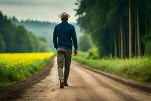 hombre caminando en un suciedad la carretera en el medio de un campo. generado por ai foto