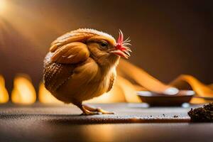 a chicken is standing on a table with a bowl of food. AI-Generated photo