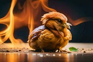 a chicken is sitting on the ground with flames. AI-Generated photo