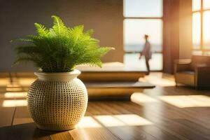 a plant in a vase on a wooden floor. AI-Generated photo