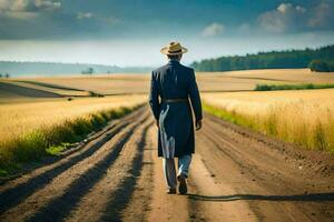 a man in a hat and coat walking down a dirt road. AI-Generated photo