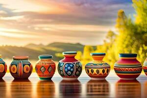 colorful vases lined up on a table. AI-Generated photo