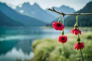 red flowers hanging from a branch near a lake. AI-Generated photo