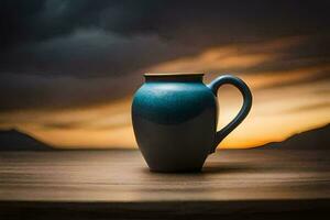 a blue mug sitting on a table in front of a sunset. AI-Generated photo