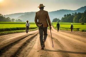 a man walking down a dirt road with cane. AI-Generated photo