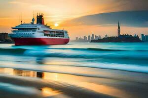 a cruise ship in the ocean at sunset. AI-Generated photo