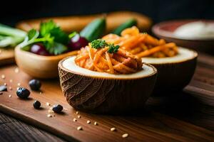 two bowls filled with food on a wooden table. AI-Generated photo