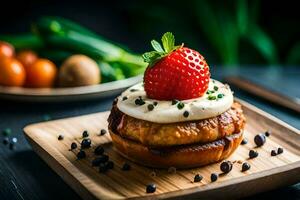 a strawberry on top of a pastry with cream. AI-Generated photo