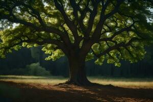 un grande árbol en el medio de un campo. generado por ai foto