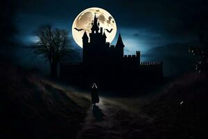 a woman walks towards a castle at night with bats flying around. AI-Generated photo