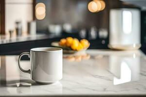 a white coffee mug on a marble counter. AI-Generated photo